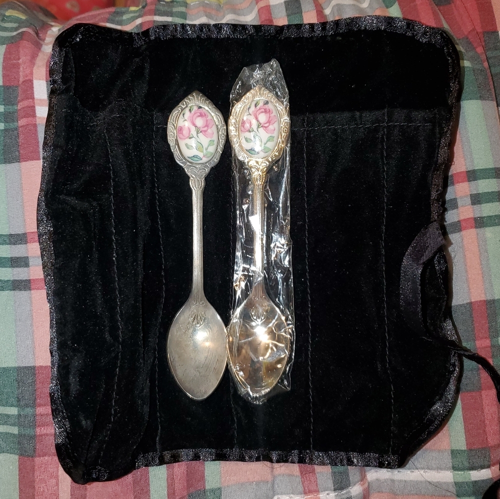 5 for $25 | Vtg Rose Silver Plated Decorative Spoon Set and Roll Up Velvet Case